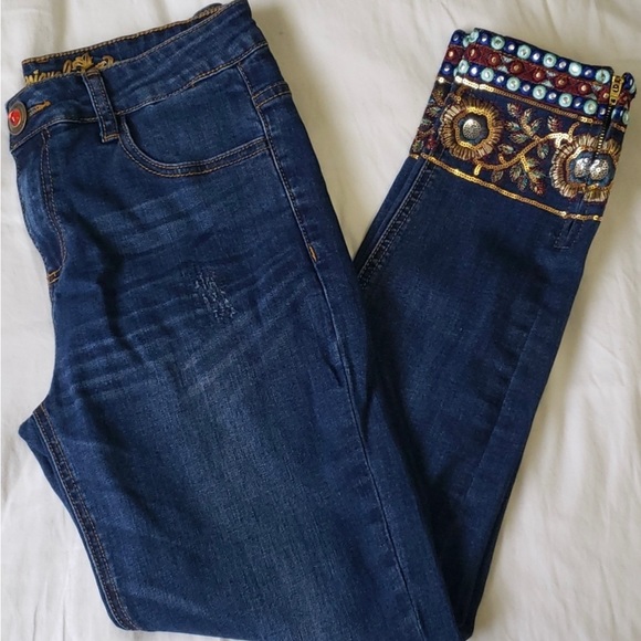 Desigual Denim - DESIGUAL Embellished Boho Cropped Ankle Jeans